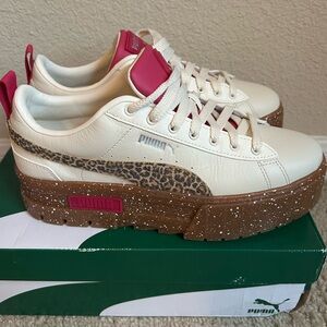 Puma Cream Platform Sneakers with Leopard Stripe and Pink Accents